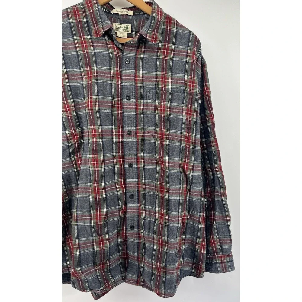 LL Bean Scotch Plaid Flannel Shirt XL Reg Slightly Fitted Red Gray Plaid 298167